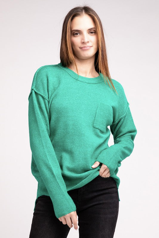 Melange Hi-Low Hem Round Neck Sweater