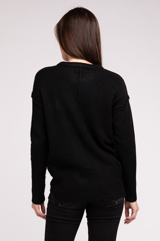 Melange Hi-Low Hem Round Neck Sweater